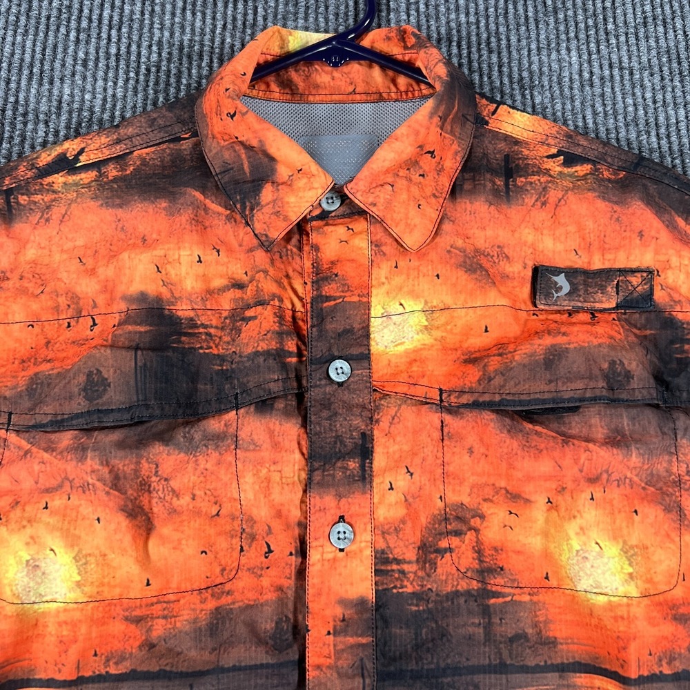Reel Legends Mens Shirt Medium Orange Short Sleeve Lightweight Button Up